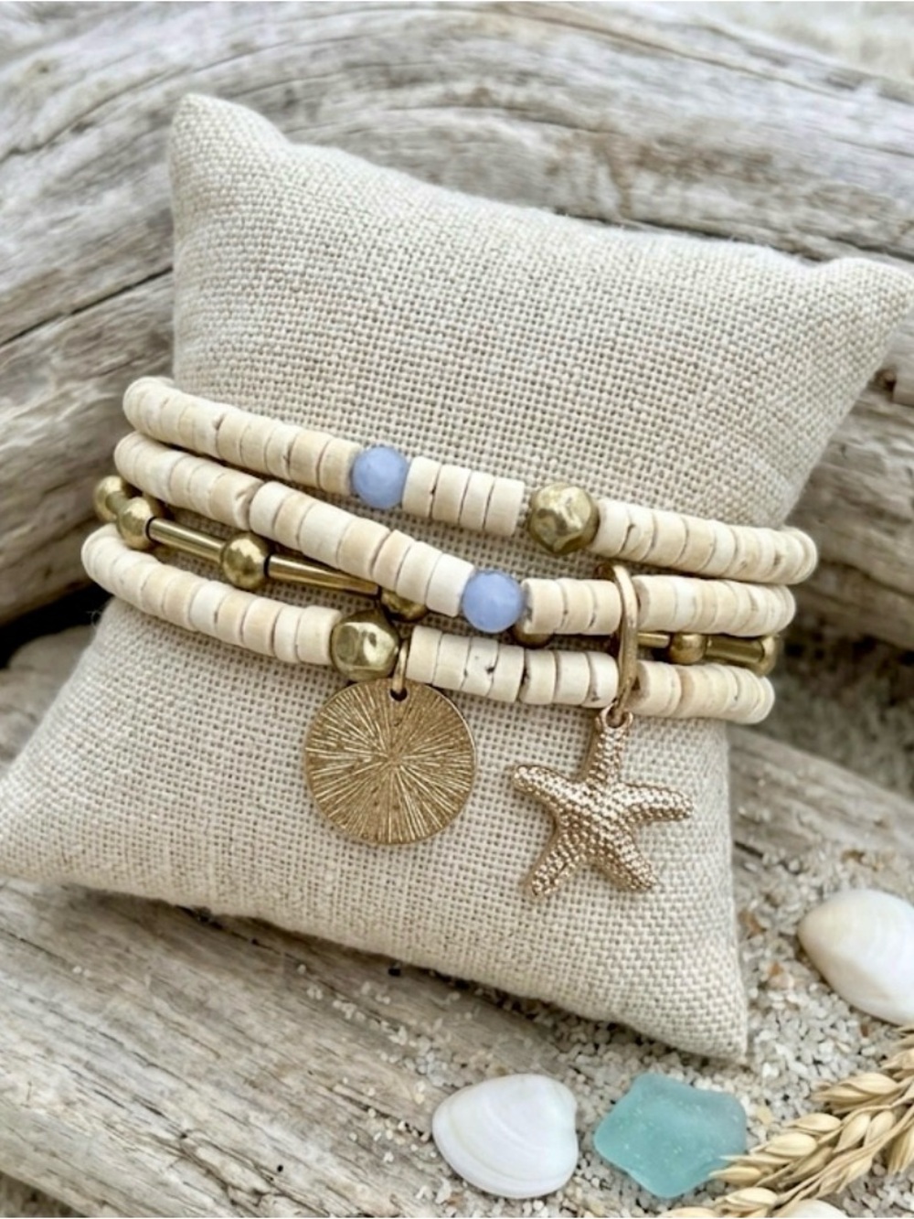 Boho Beach Beaded Wrap Bracelet - Cream with Gold & Light Blue Accents
